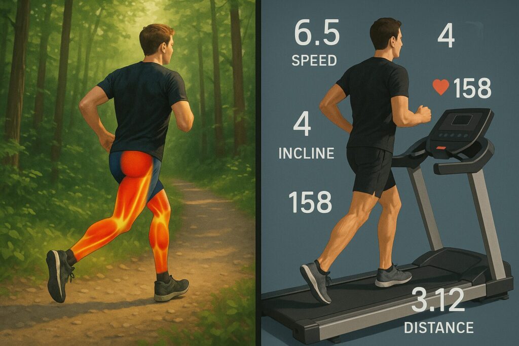 Runner on a forest trail with muscle activation heat maps vs treadmill stats